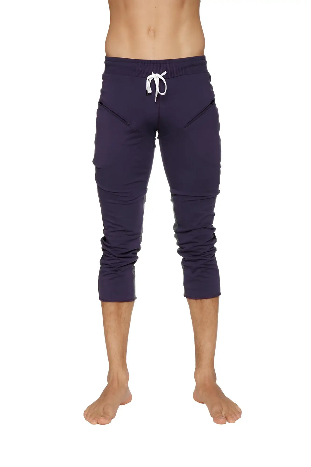 Mens navy blue capri length athletic pants with white drawstring waistband and side pockets for active wear