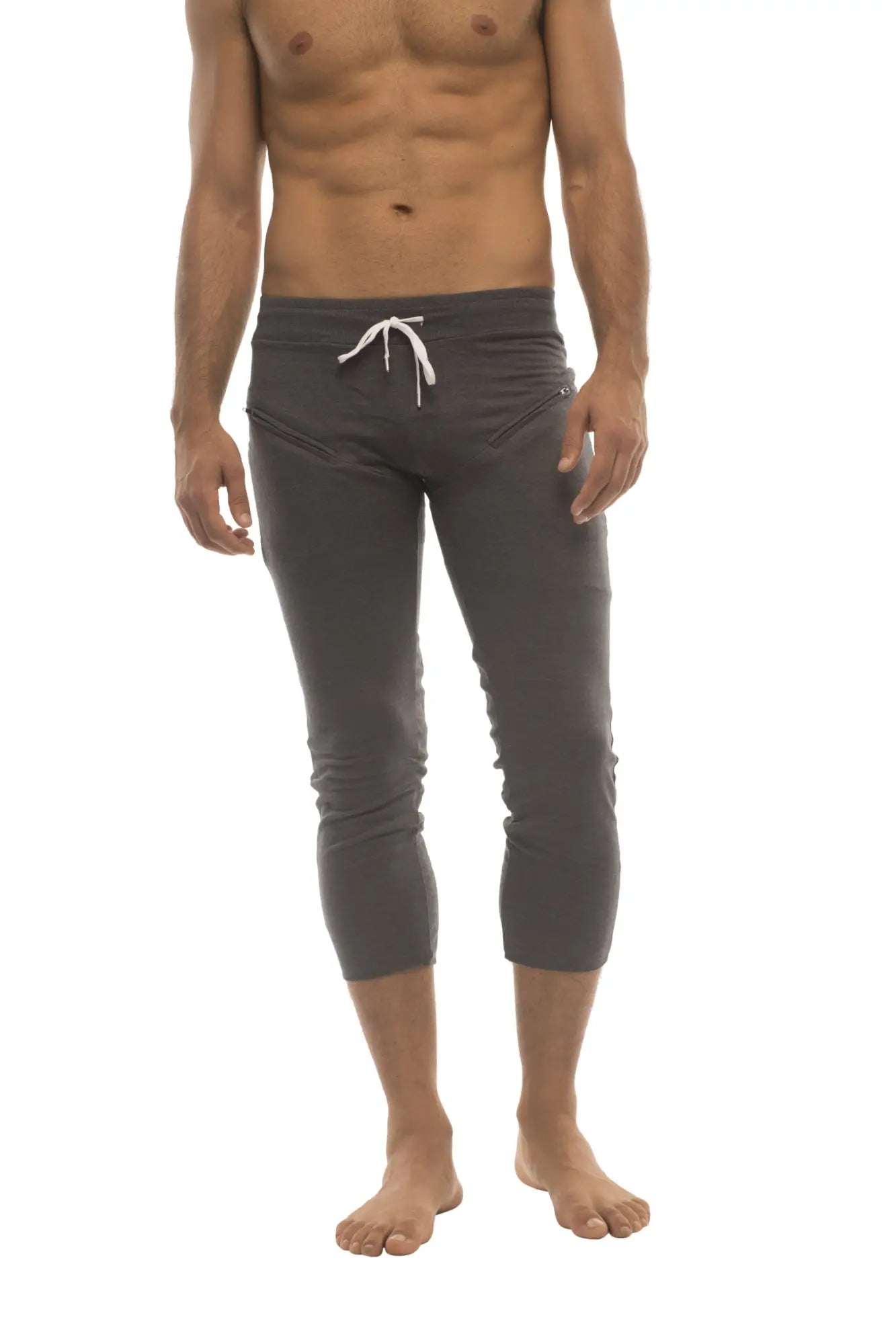 Mens solid charcoal 4/5 zipper pocket capri yoga pants with white drawstring waistband and side pockets