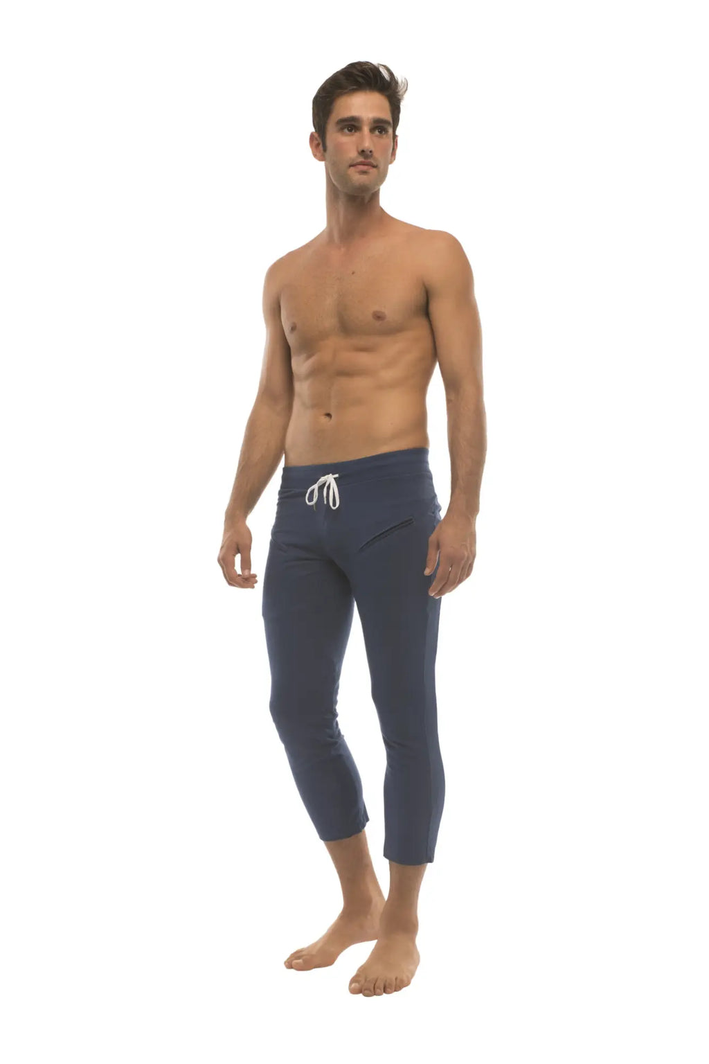 Mens solid royal blue 4/5 zipper pocket capri yoga pants with white drawstring waistband in navy blue