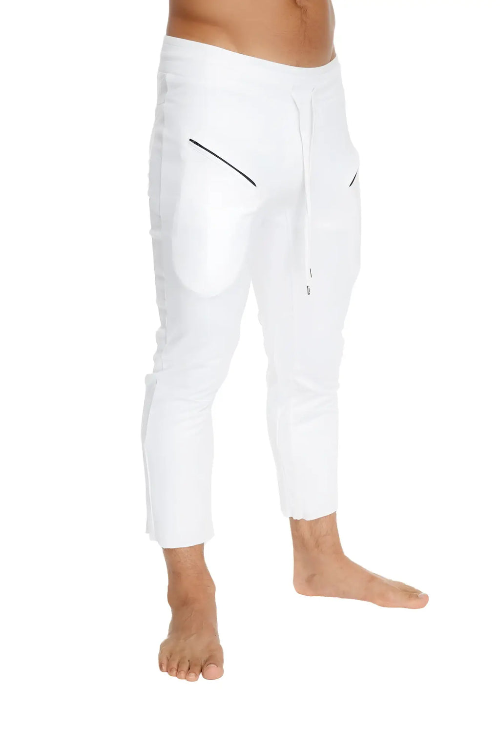 Mens white capri yoga pants with black diagonal zipper pockets and drawstring waistband for athletic use