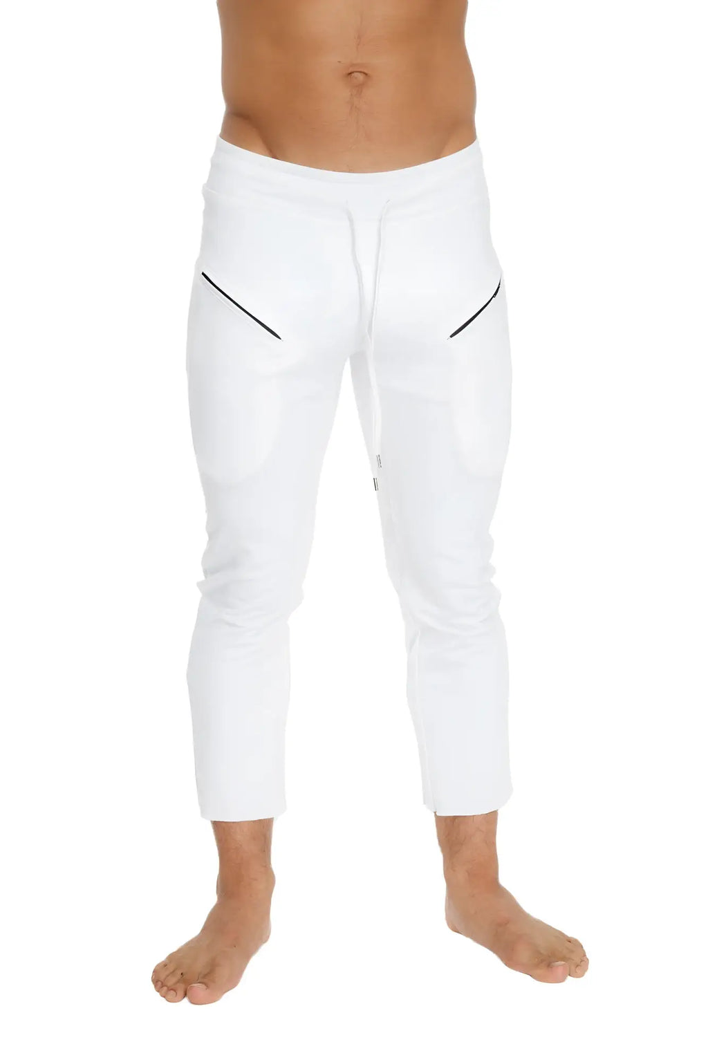 Mens white athletic capri yoga pants with black diagonal zipper pocket accents on the sides for secure storage