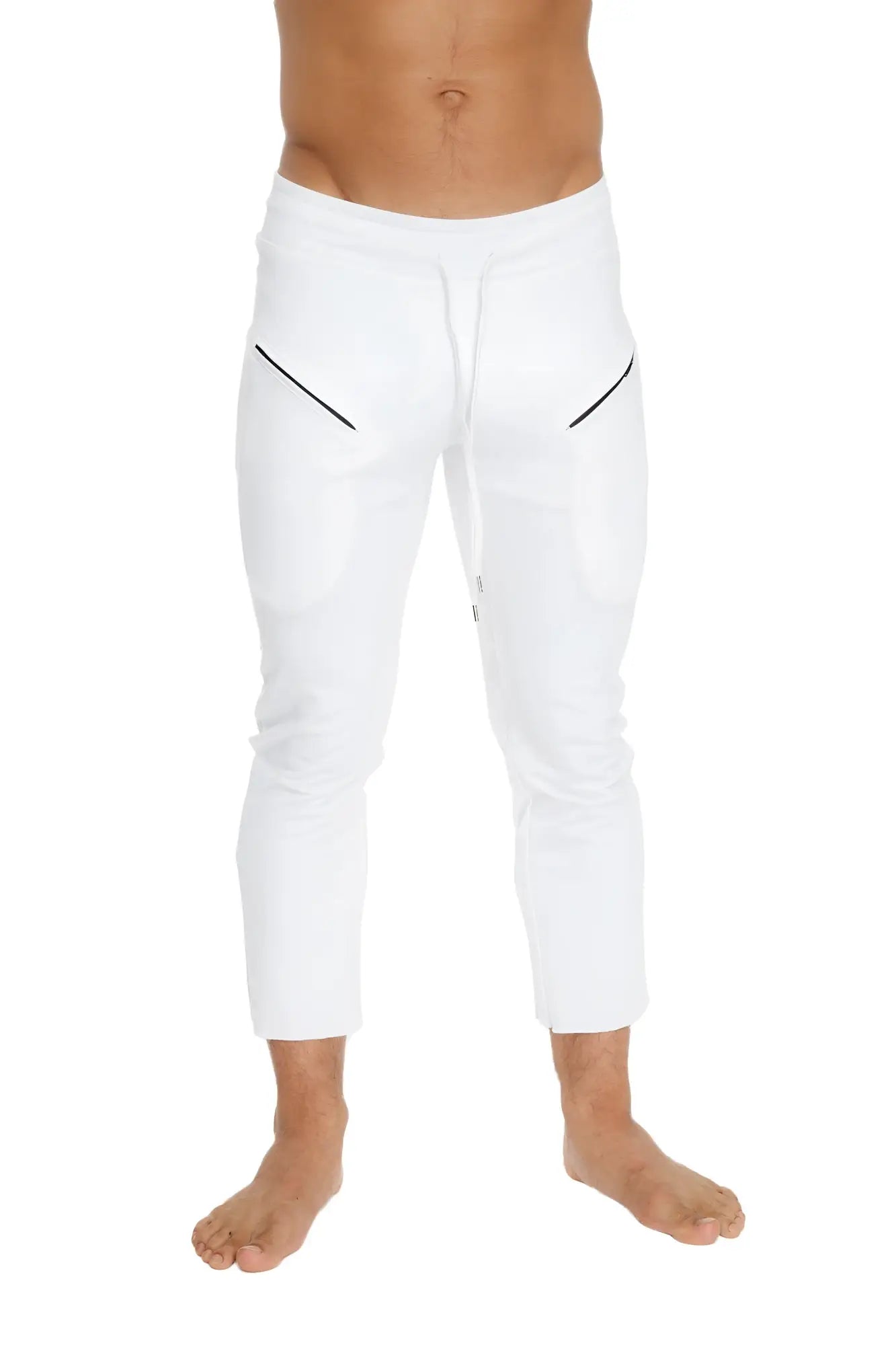 Mens white athletic capri yoga pants with black diagonal zipper pocket accents on the sides for secure storage