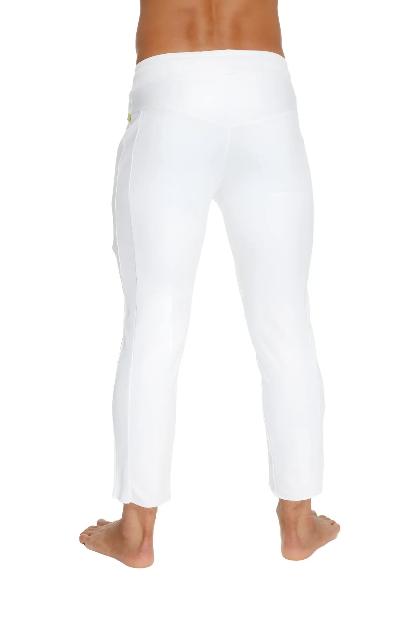 Mens white slim-fit cargo capri yoga pants with 4 5 zipper pockets and yellow logo on back waistband visible