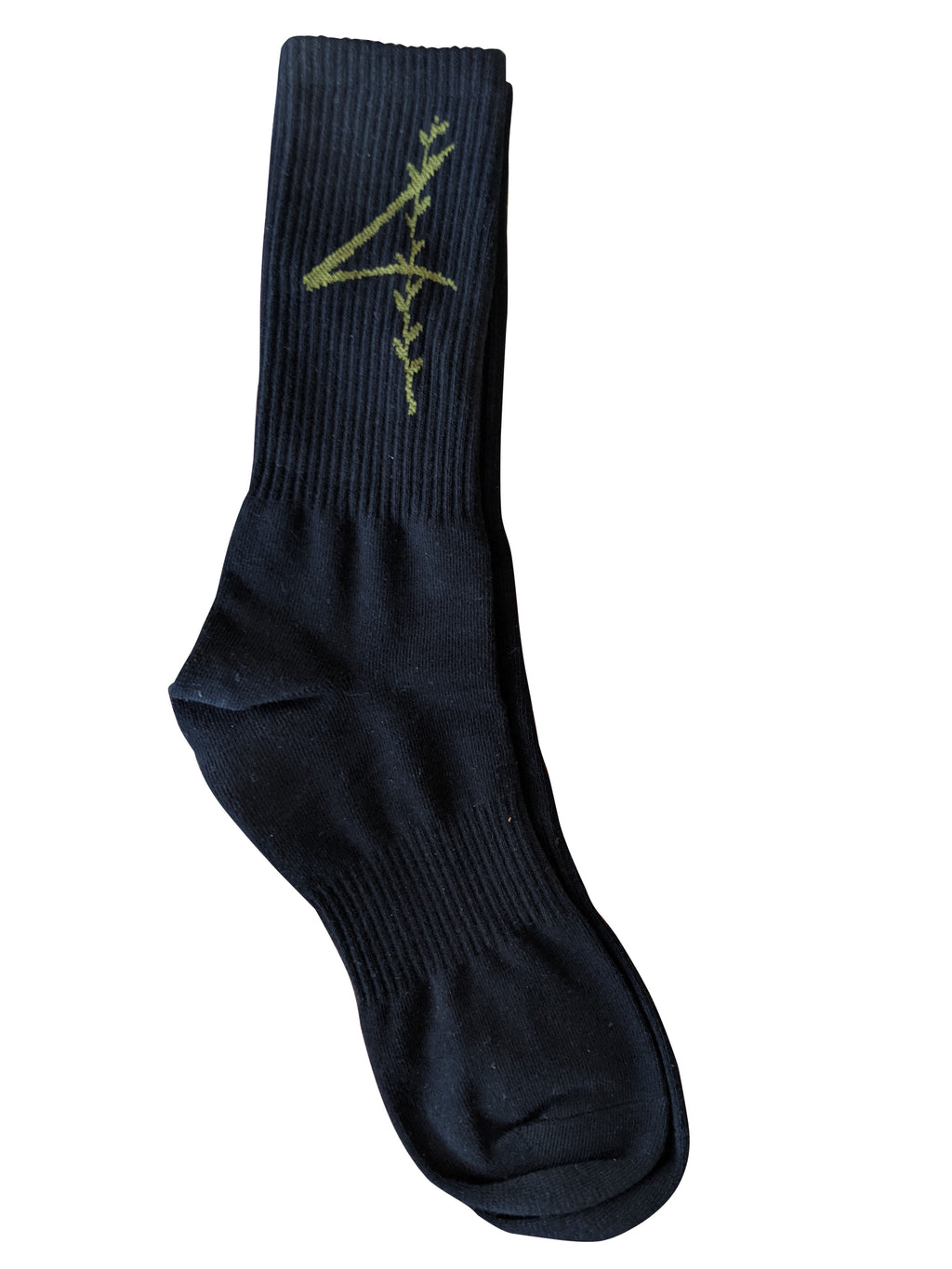 Black ribbed cotton crew sport sock with green embroidered number four design for active wear