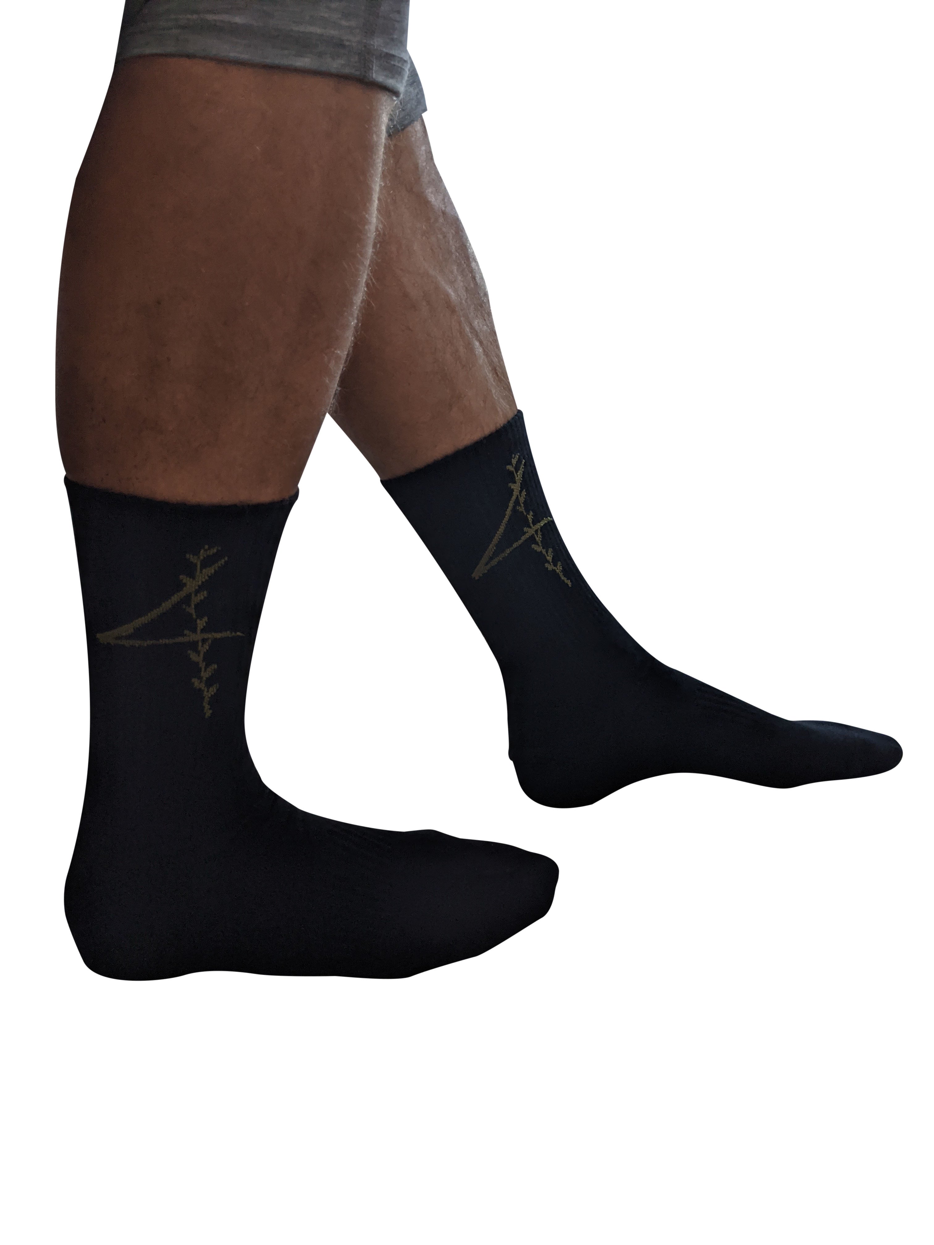 4 rth black sport crew socks with subtle olive green stitched design on the side for athletic wear