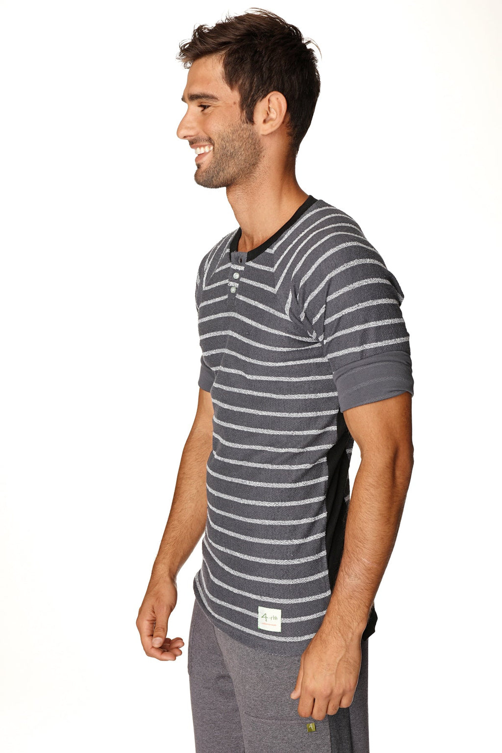 Gray and white striped short-sleeved henley tee with black collar in french terry loop charcoal fabric