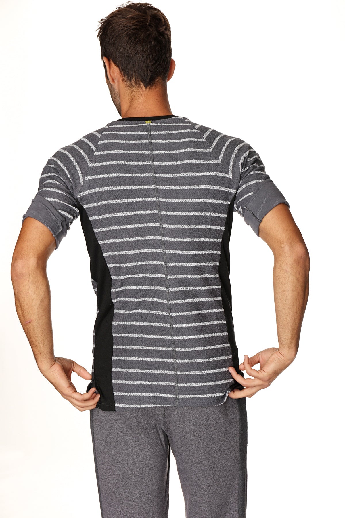 4-rth mens vintage-stripe henley tee charcoal with stripe gray and white striped short-sleeved french terry loop shirt with black side panels