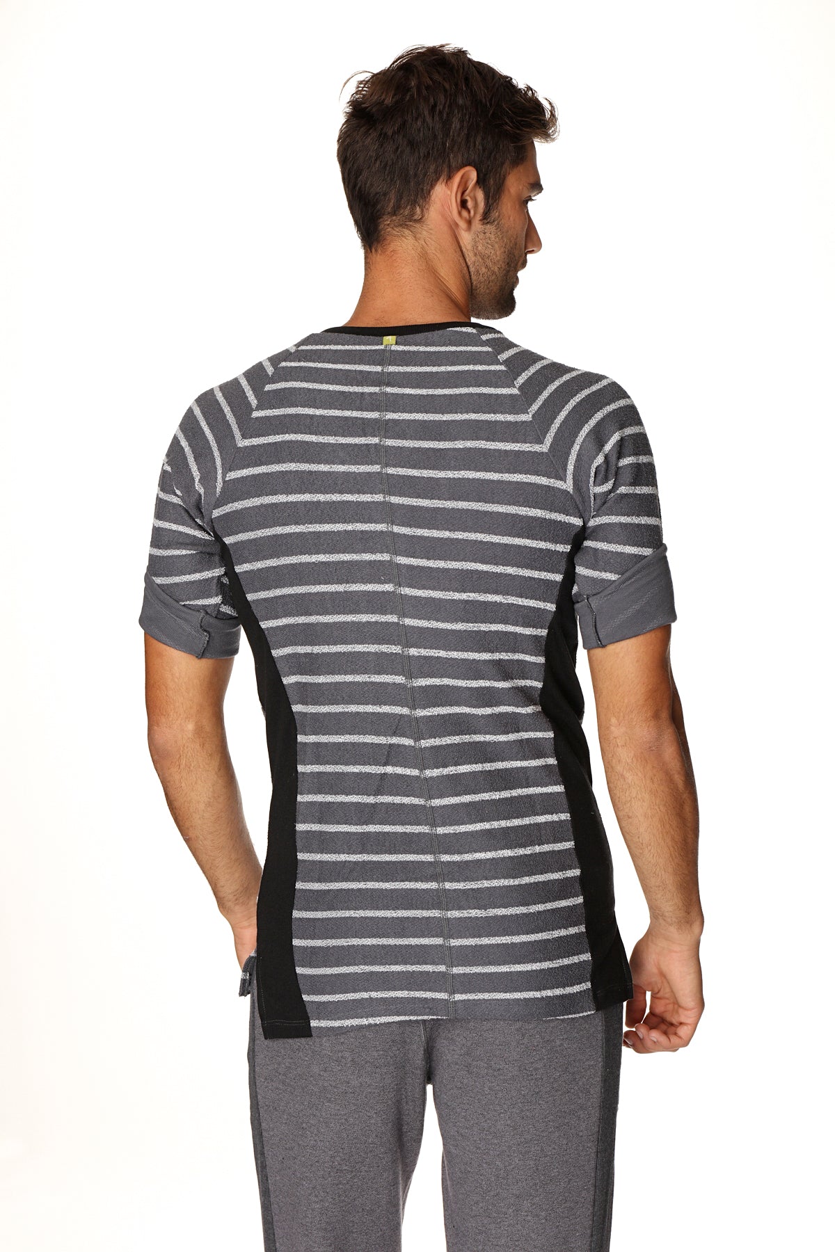4-rth mens vintage-stripe henley tee in charcoal french terry loop with gray and white stripes and black side panels