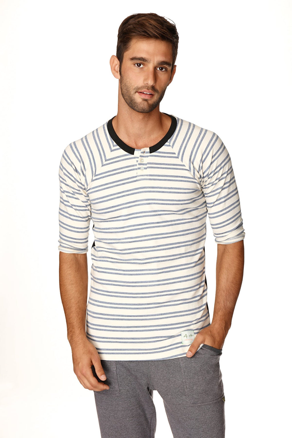 4-rth mens vintage-stripe henley tee in french terry loop with three-quarter sleeves white gray stripes black collar