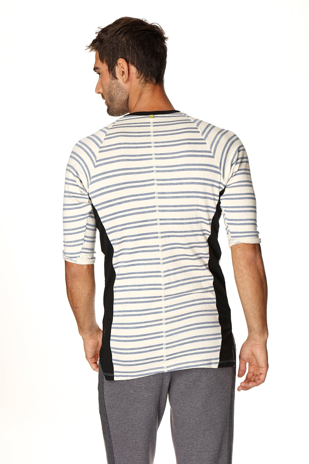 A men’s three-quarter sleeve vintage-stripe henley tee in french terry loop with white base gray stripes and black panels