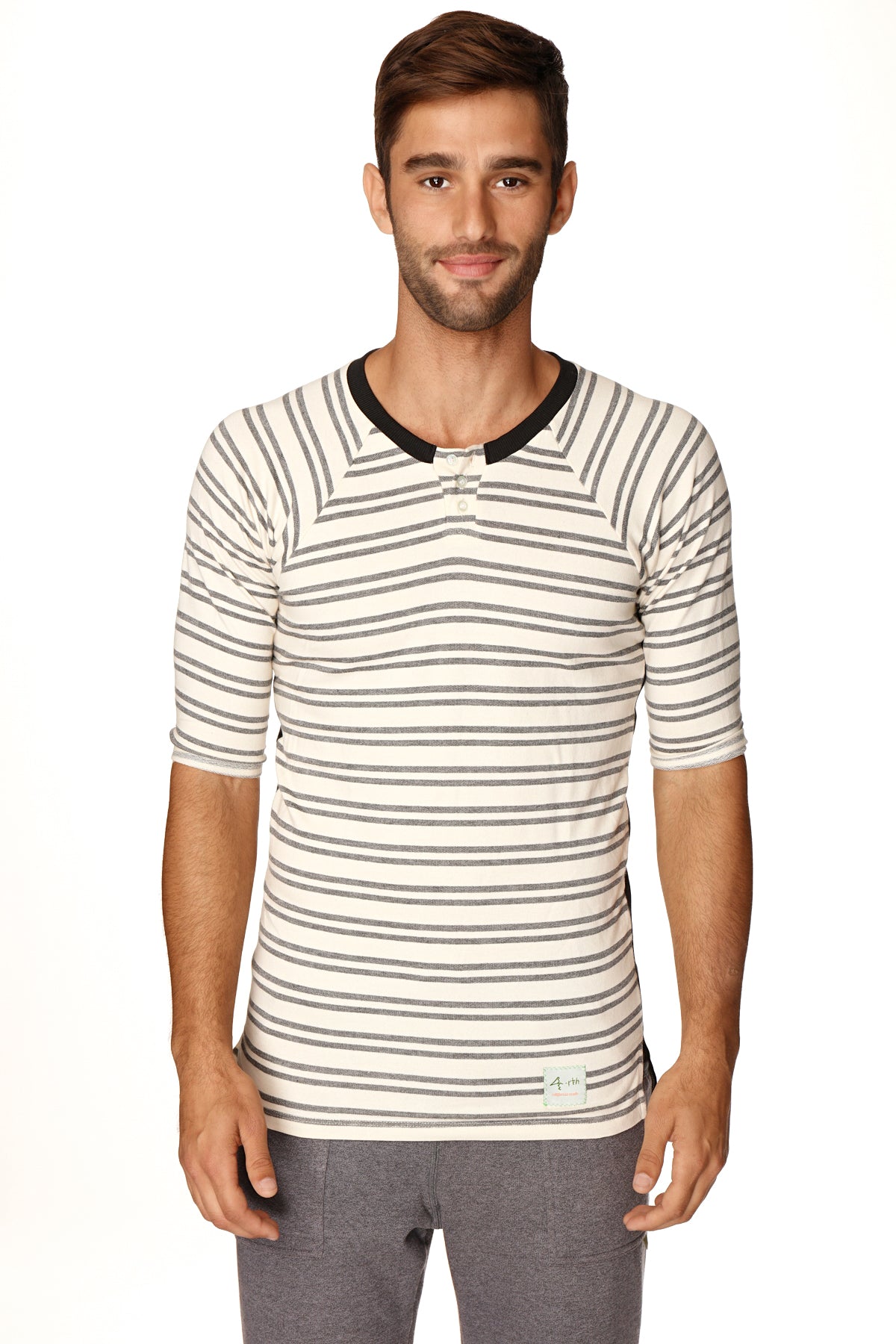 4-rth mens vintage-stripe henley tee in dark grey double stripe french terry loop with black ribbed collar and brand tag