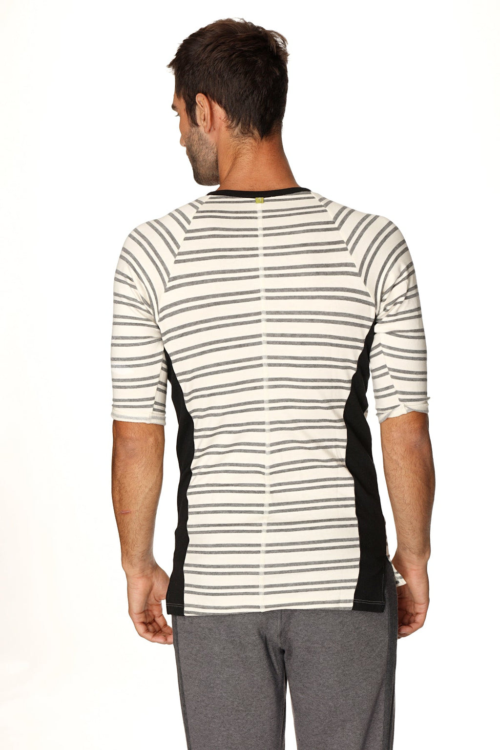 4-rth mens vintage-stripe henley tee in french terry loop with white gray stripes and black side panels