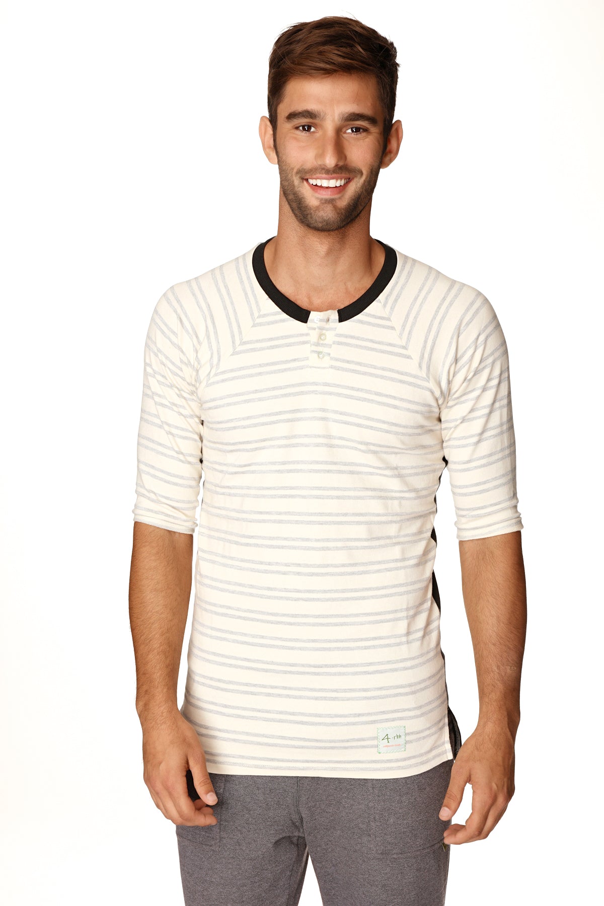 4-rth mens vintage-stripe henley tee in french terry loop with cream gray stripes and black ribbed collar and cuffs