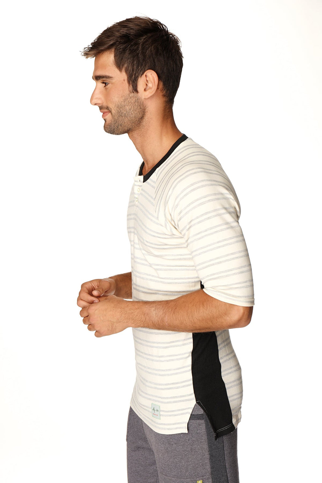 4-rth mens vintage-stripe henley tee in french terry loop with gray double stripe white and gray stripes black accents