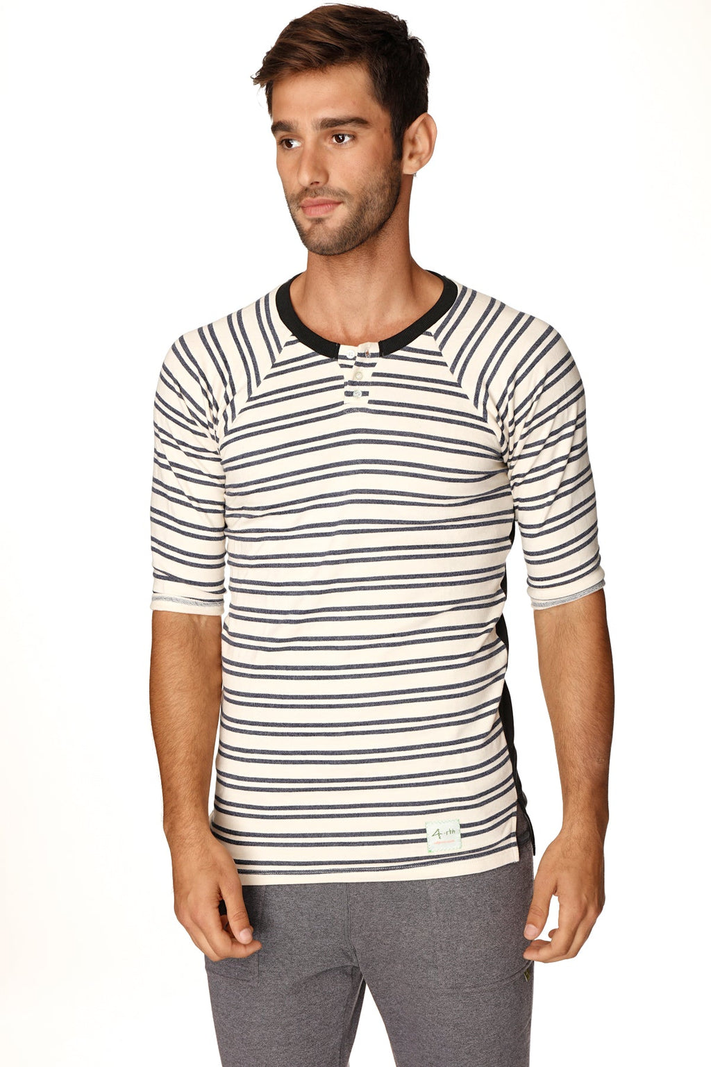 4-rth mens vintage-stripe henley tee short-sleeved cream and navy french terry loop with black ribbed collar and buttons