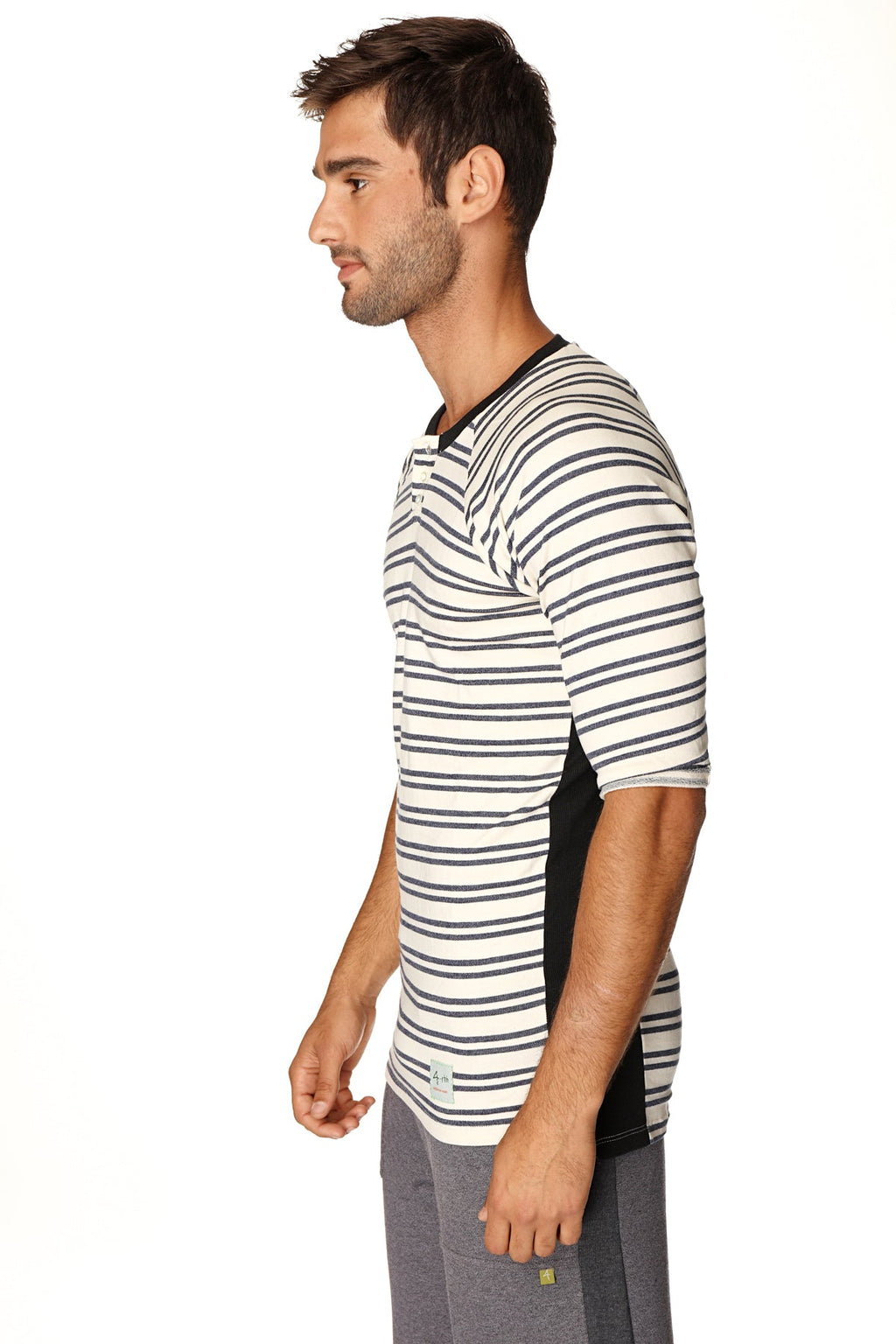 A men’s short-sleeved vintage-stripe henley tee with navy double stripes black side panels in french terry loop fabric