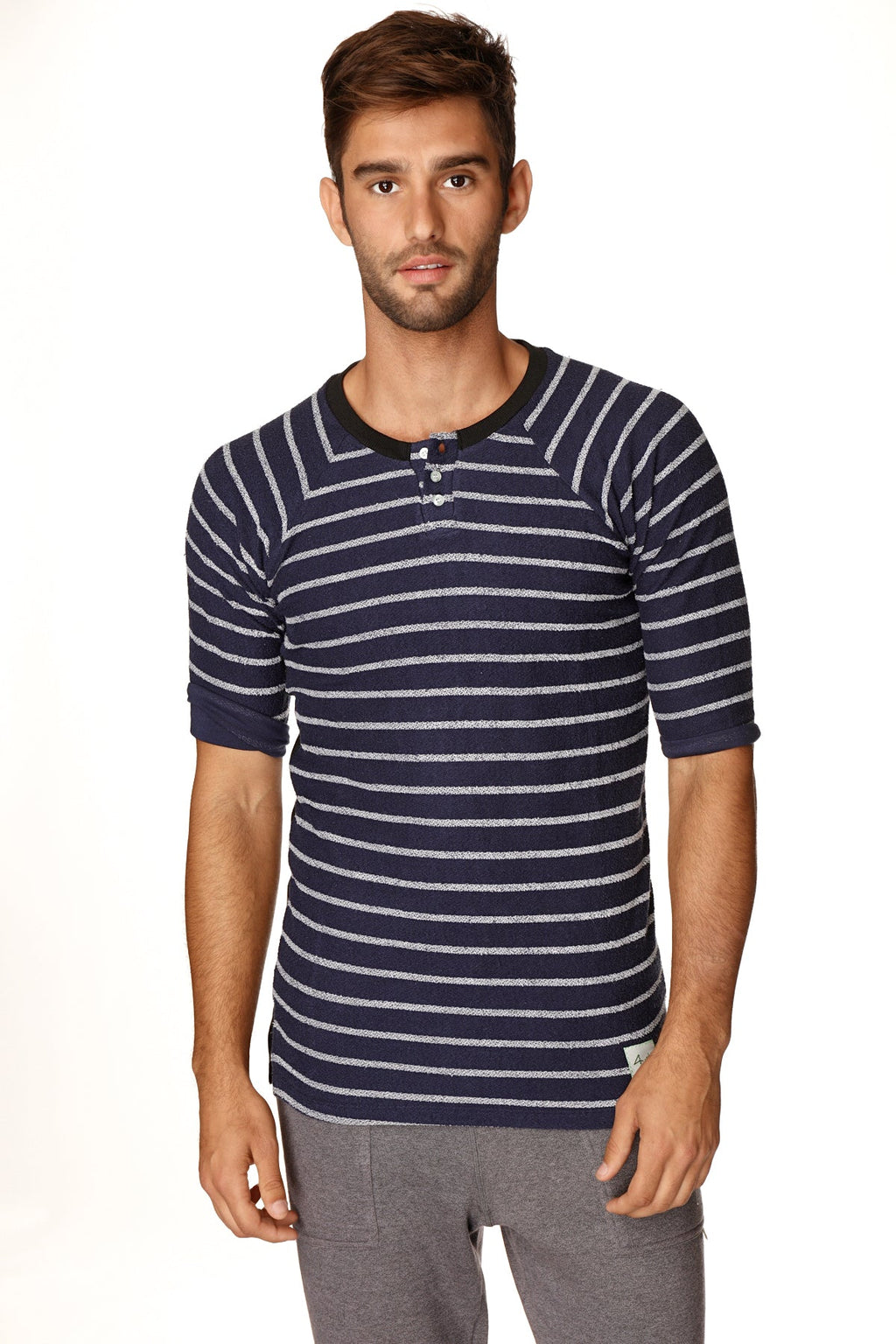 Navy blue and white striped short-sleeved henley shirt in french terry loop fabric with buttoned placket by 4-rth