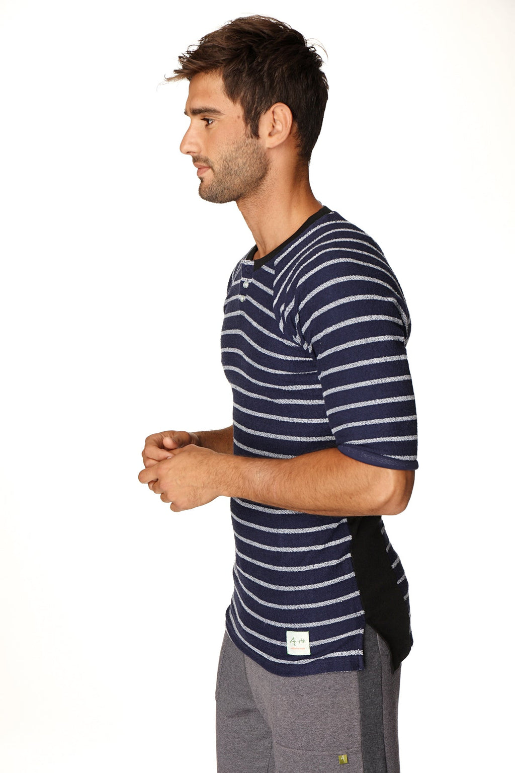 Navy blue and white striped 4-rth mens vintage-stripe henley tee with black side panel in french terry loop fabric