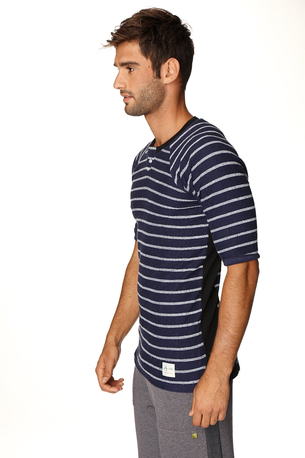 4-rth mens vintage-stripe henley tee in navy w stripe with black side panels made of french terry loop fabric