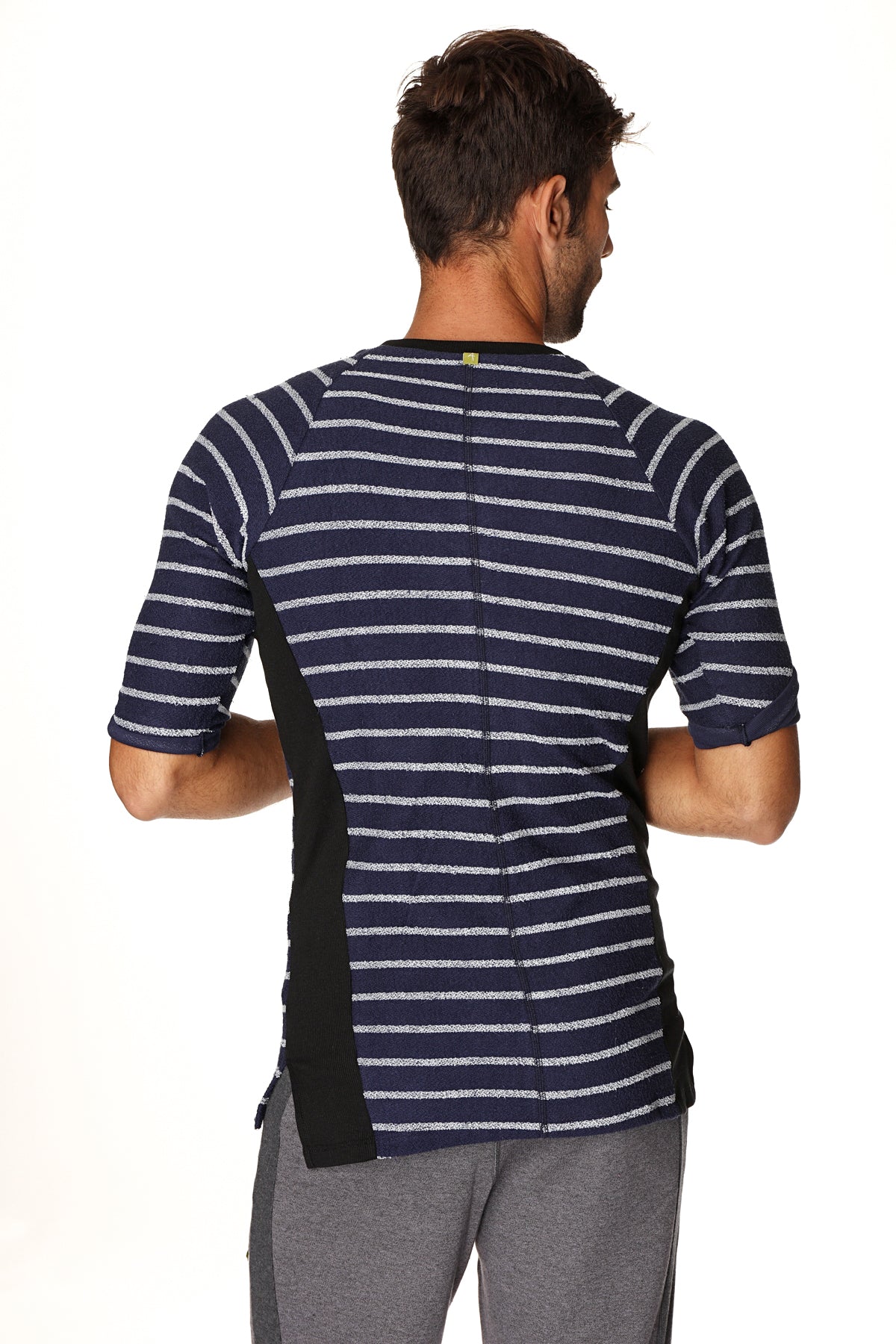 4-rth mens vintage-stripe henley tee navy blue and white striped short-sleeved french terry loop shirt with black side panels