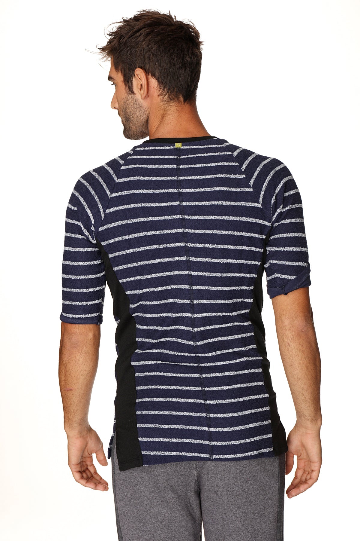 Fourth mens vintage-stripe henley tee navy white striped short-sleeved french terry loop shirt with black accents