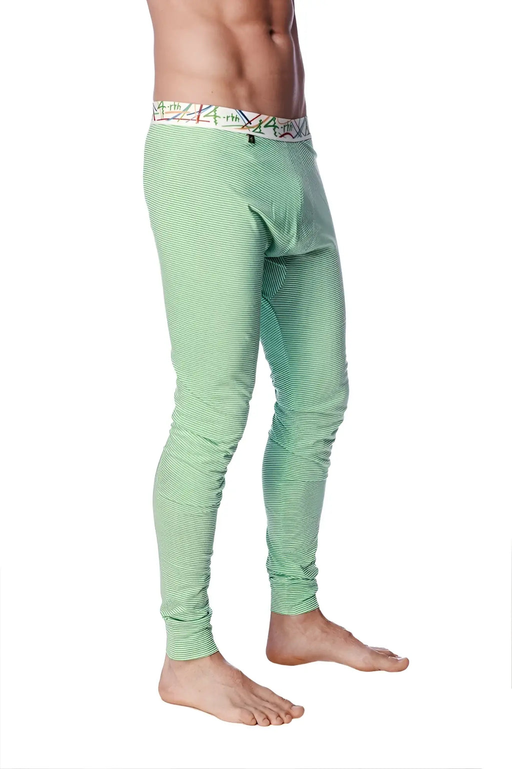 Light green striped men’s thermal crosstrain yoga leggings with patterned waistband for cold weather workouts