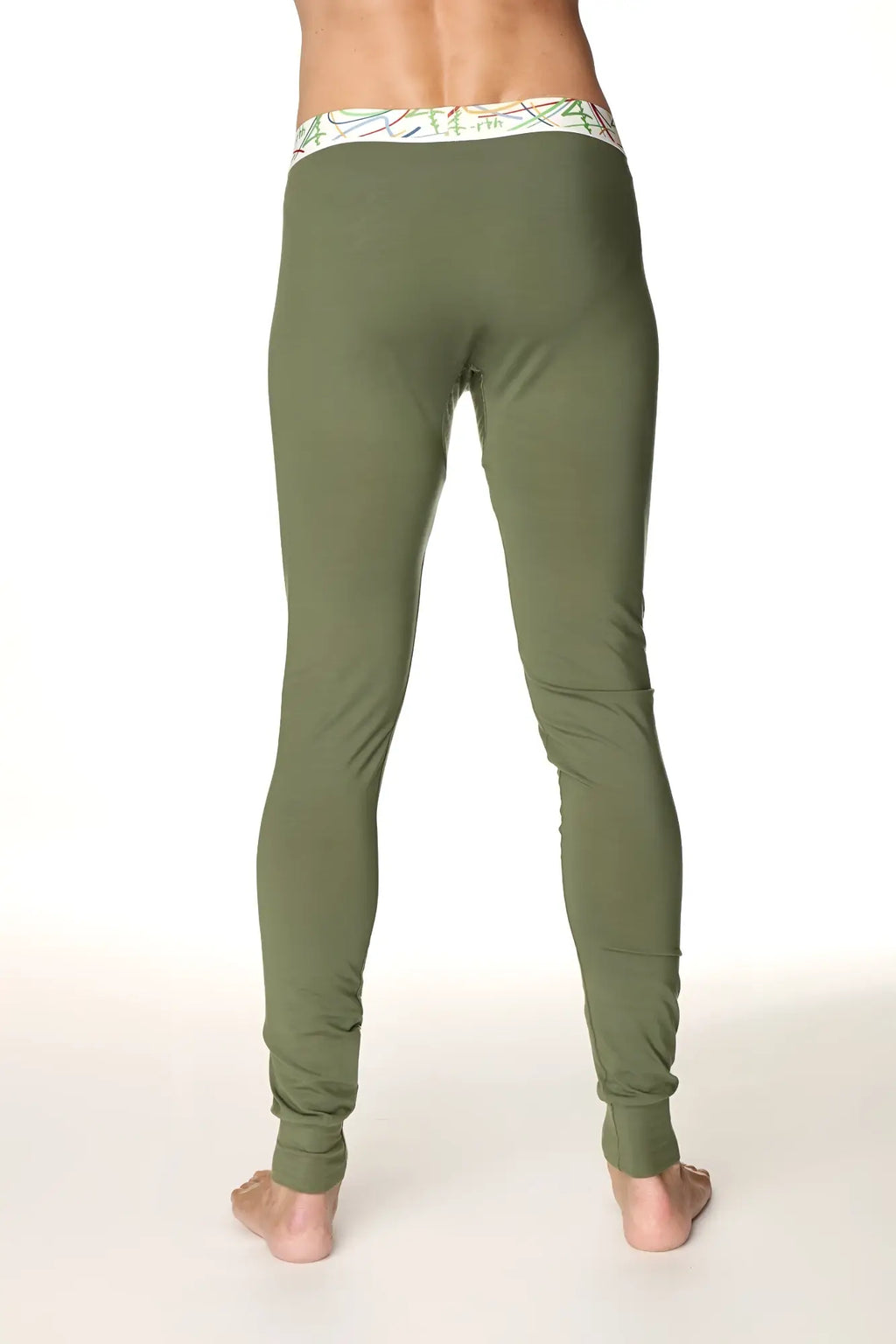 Olive green stretchy thermal yoga leggings with patterned white waistband designed for cross training and comfort
