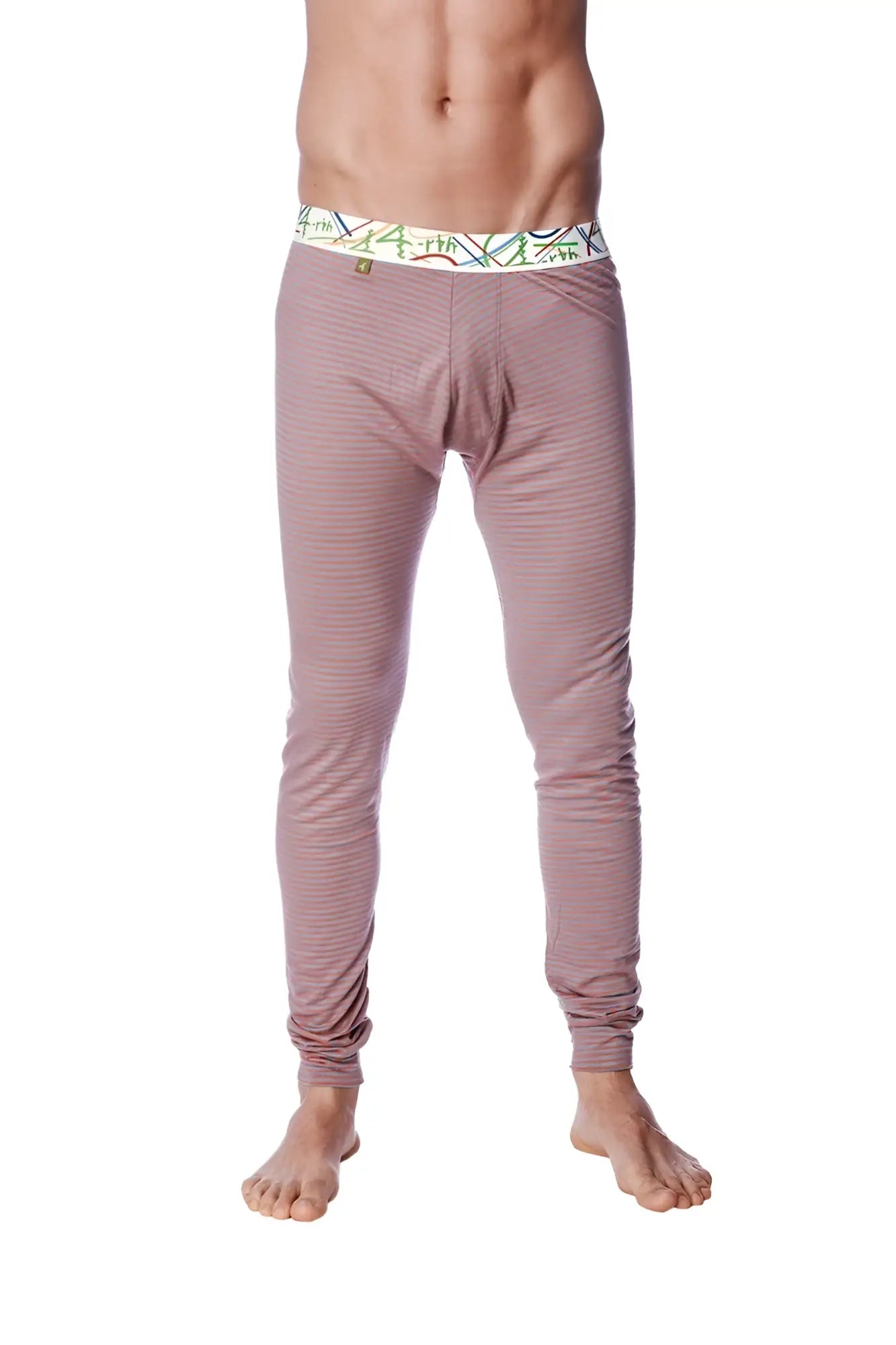 Pink striped men’s thermal yoga pant with colorful patterned waistband designed for crosstrain and warmth