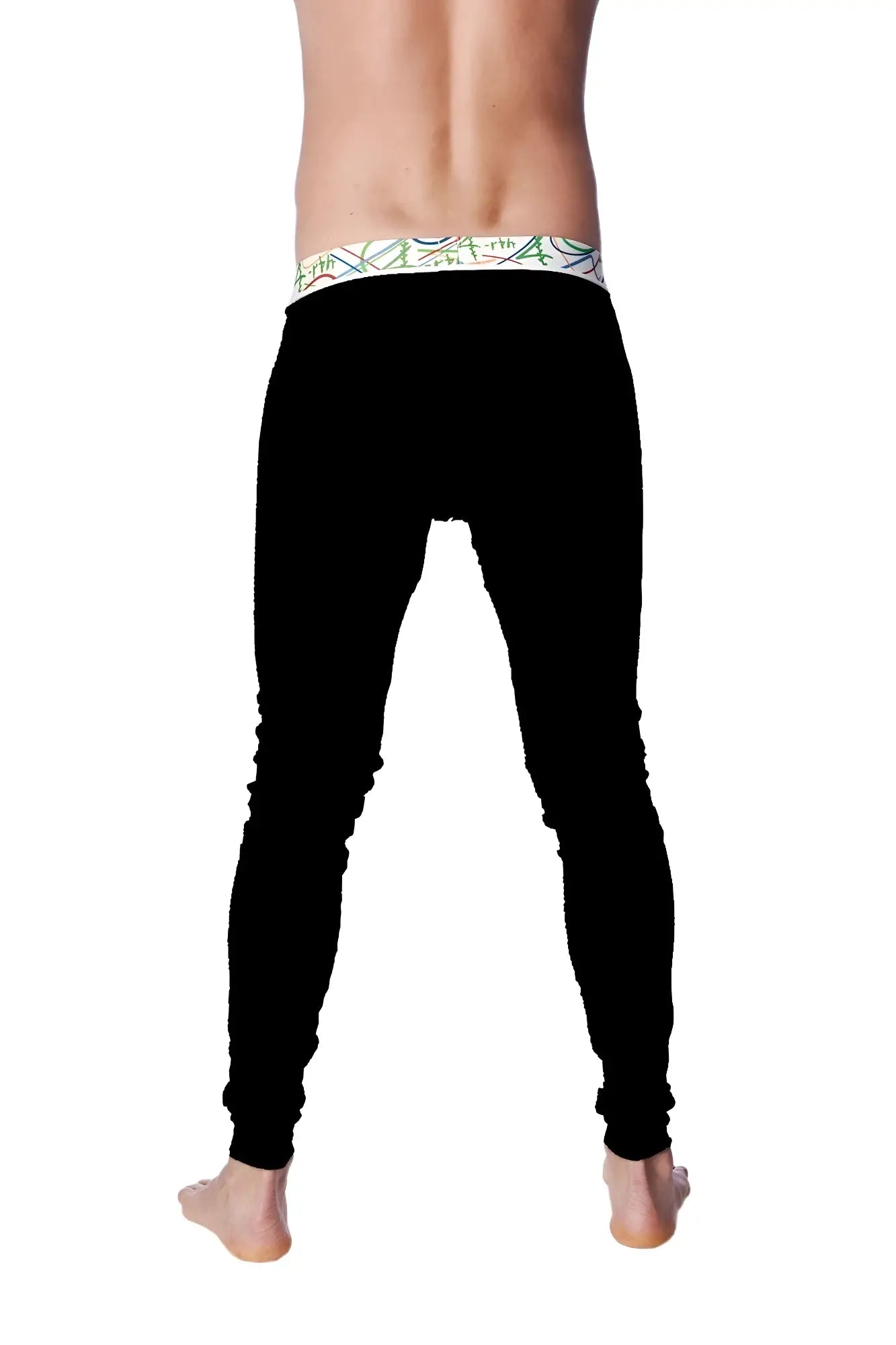 Black form-fitting crosstrain thermal yoga pant with a green and blue patterned waistband for cold weather workouts