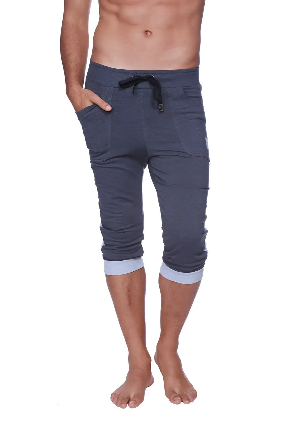 Mens cuffed yoga pants charcoal with heather grey featuring dark gray textured fabric and light blue rolled cuffs