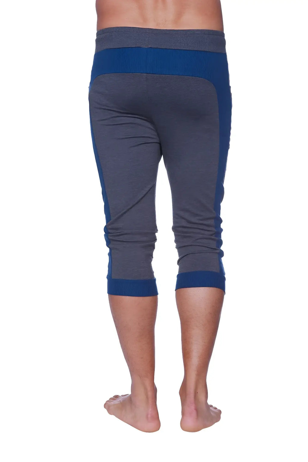Mens cuffed yoga pants in charcoal and royal blue with ribbed cuffs and waistband for athletic use