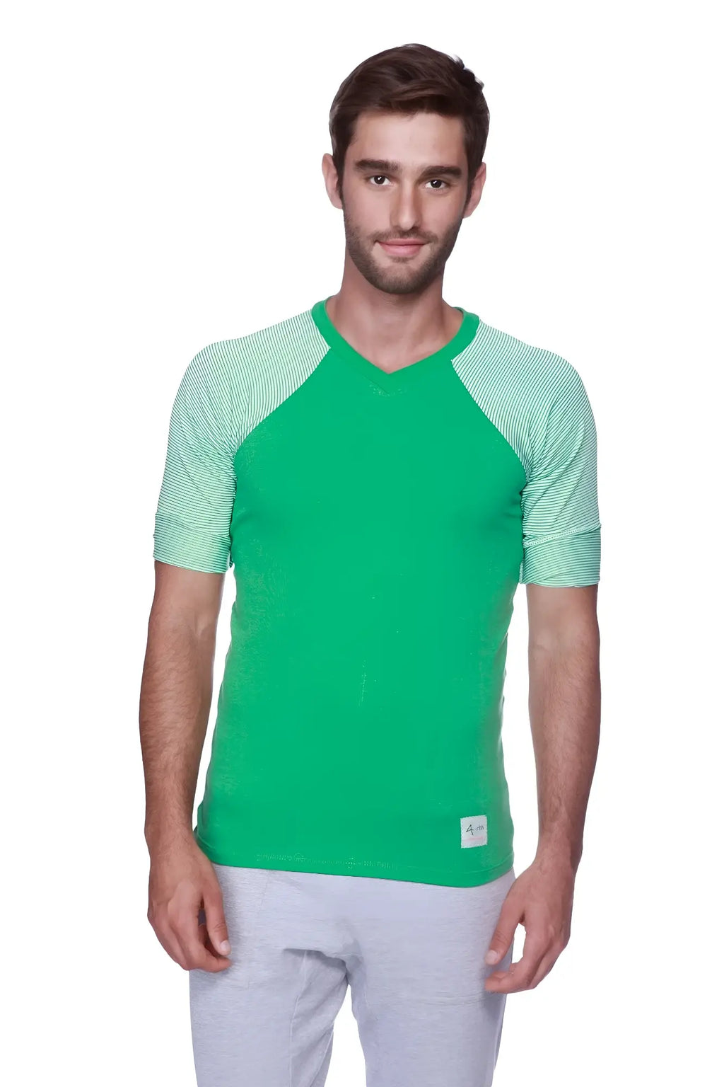 Green v-neck t-shirt with light green striped raglan sleeves paired with mens heather grey cuffed yoga pants with green detailing