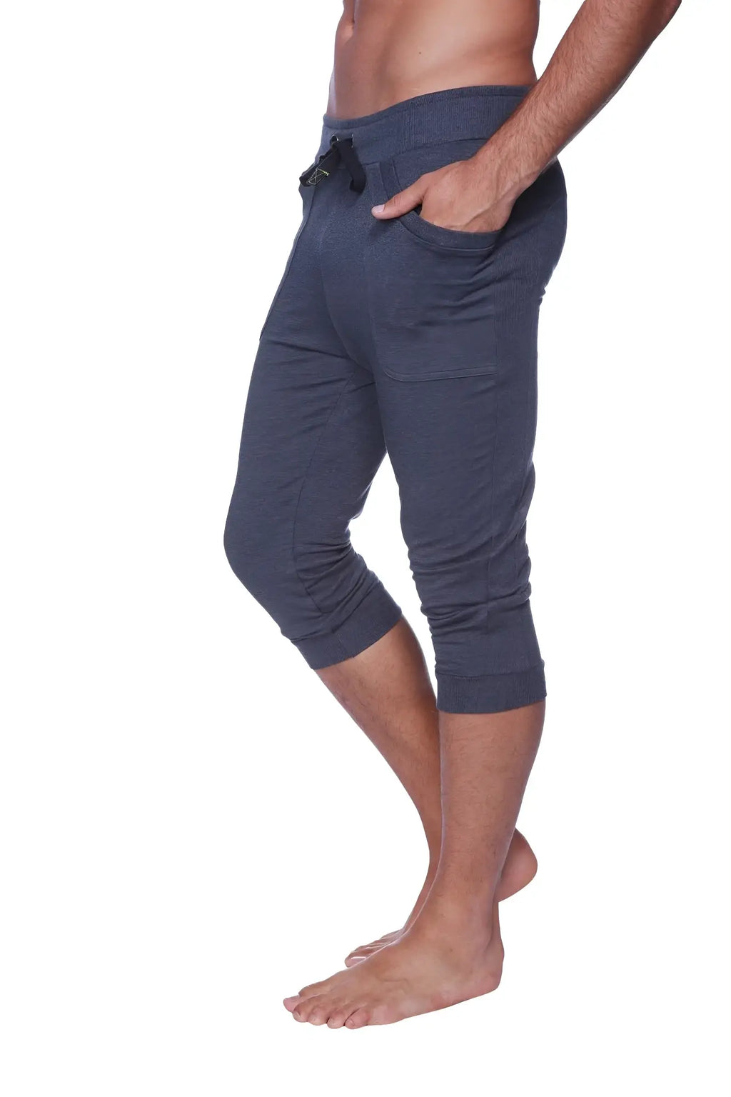 Mens cuffed yoga pants in solid charcoal with soft texture capri joggers featuring drawstring waistband and side pockets