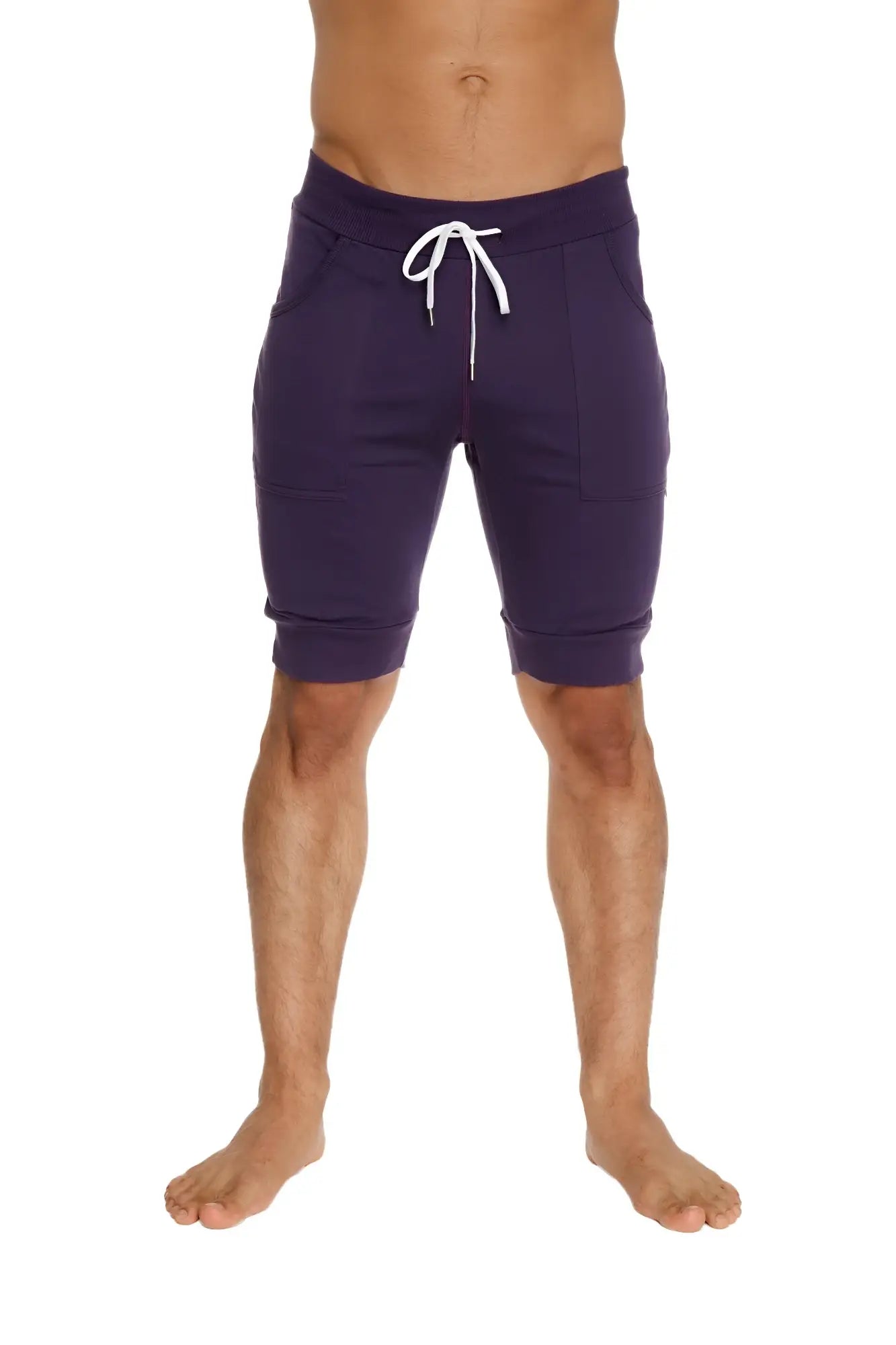 Cuffed yoga short in eggplant with white drawstring and side pockets made from soft breathable fabric