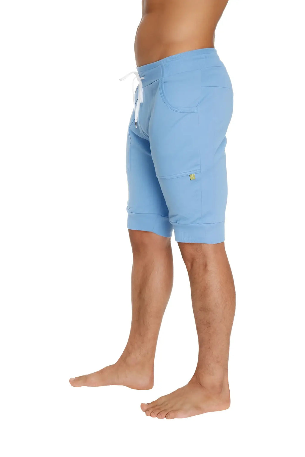 Cuffed yoga short in ice blue soft fabric with white drawstring and yellow logo on the side pocket