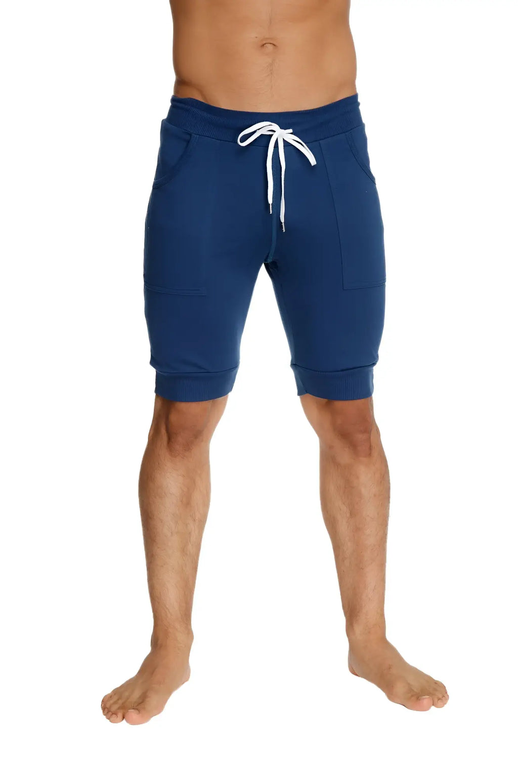 Cuffed yoga short royal blue navy blue jogger-style shorts with white drawstring and side pockets for casual wear