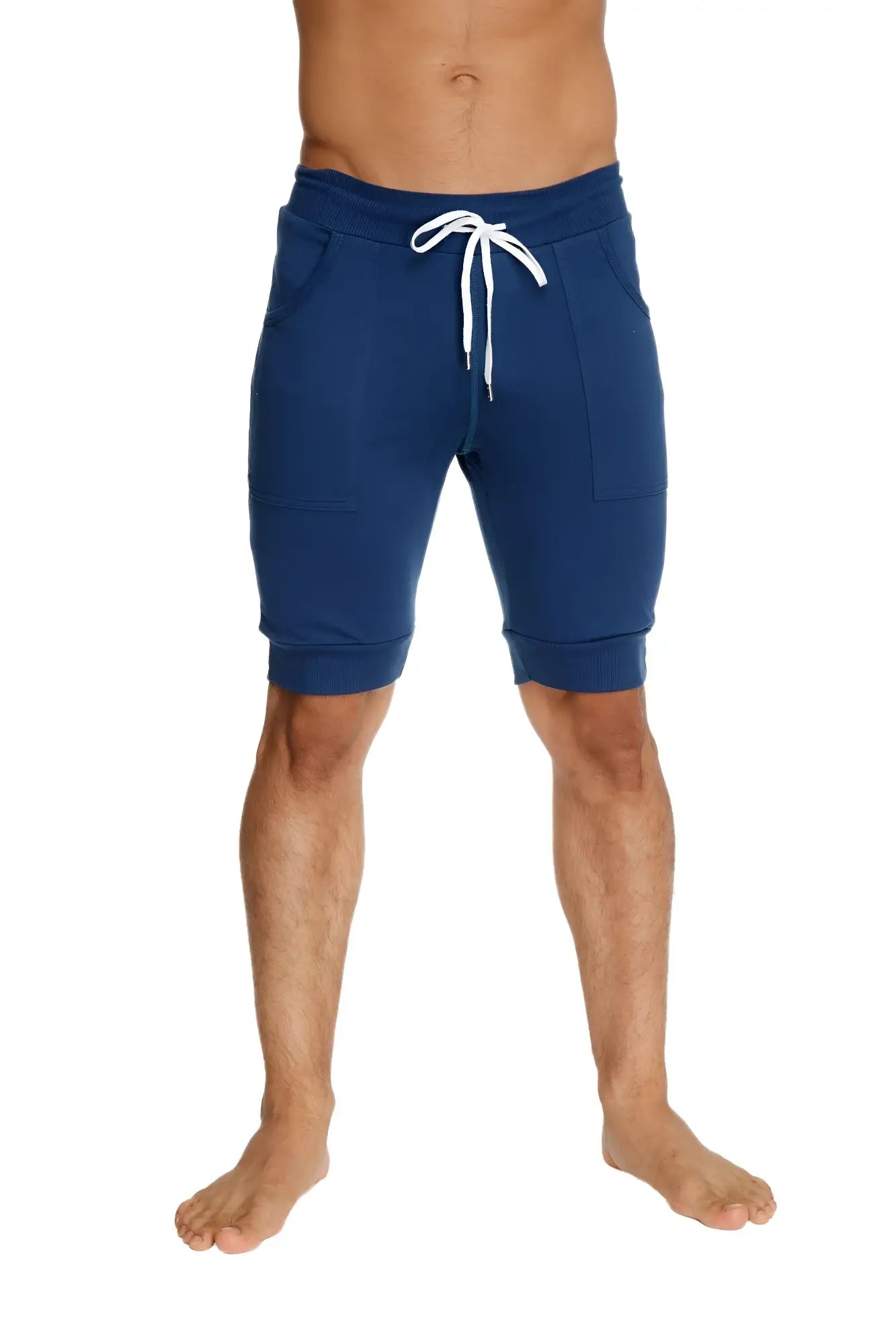 Cuffed yoga short royal blue navy blue jogger-style shorts with white drawstring and side pockets for casual wear