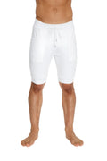 White cotton cuffed yoga short with drawstring waistband and side pockets for comfortable activewear