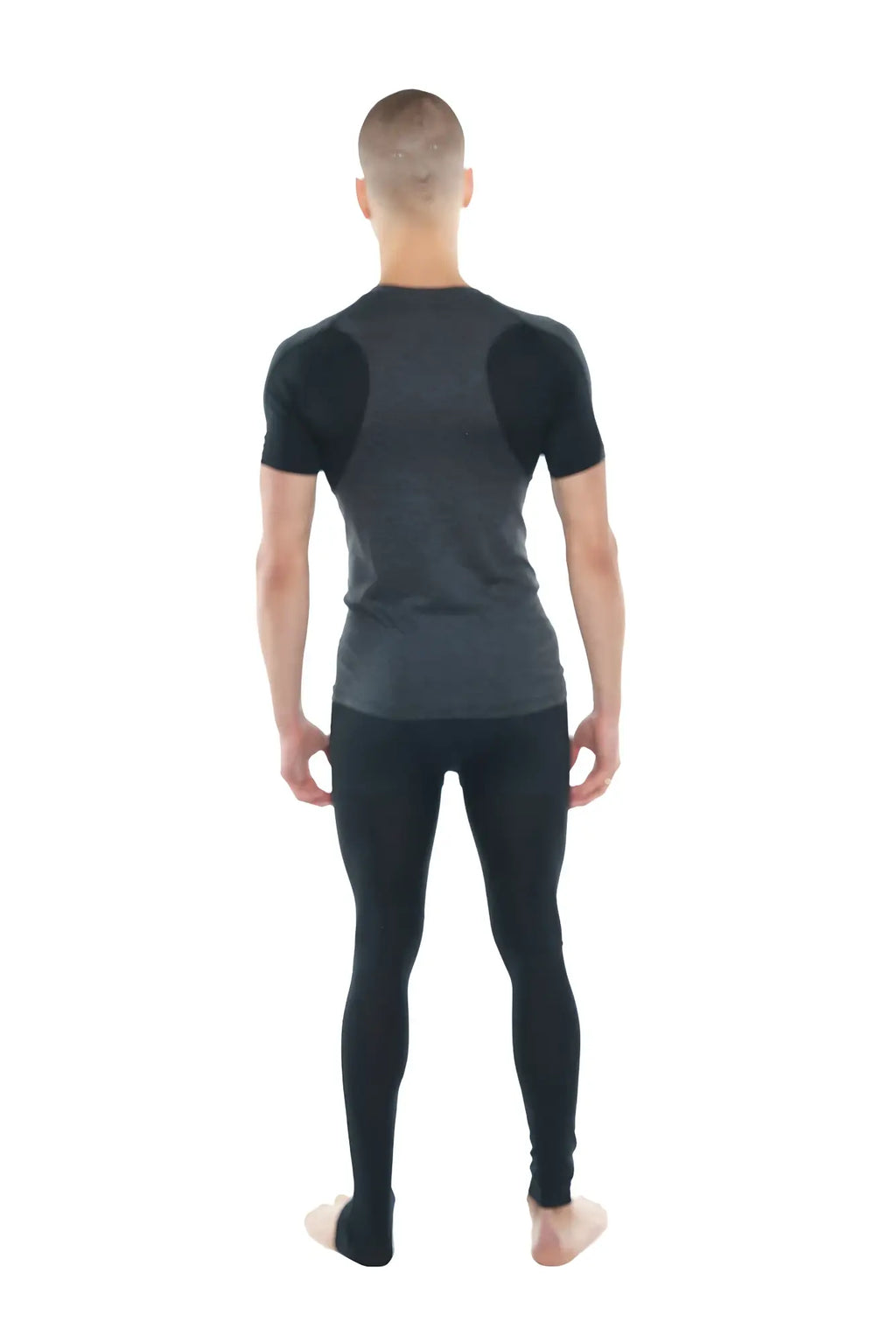Black short-sleeved designer raglan crew-neck tee with charcoal body and black shoulder panels for athletic wear