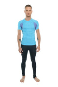 Designer raglan crew neck tee in light blue with purple wing-like shoulder patterns and lavender accents for athletic wear