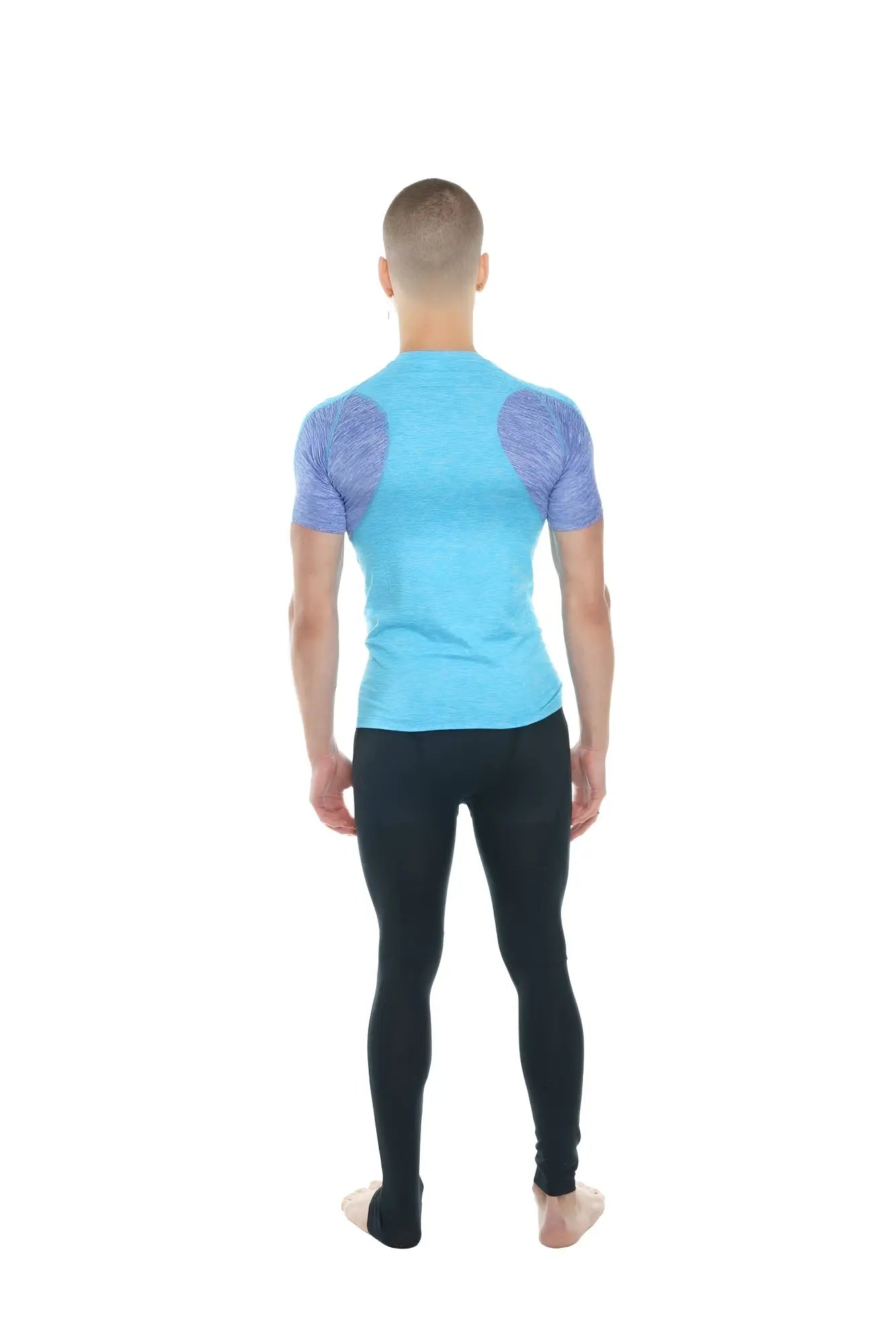 Light blue designer raglan crew-neck tee with purple patterned shoulder panels and lavender accent for athletic wear