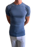 Designer raglan crew neck tee denim blue fitted short sleeved athletic shirt with raglan sleeves and seam detailing
