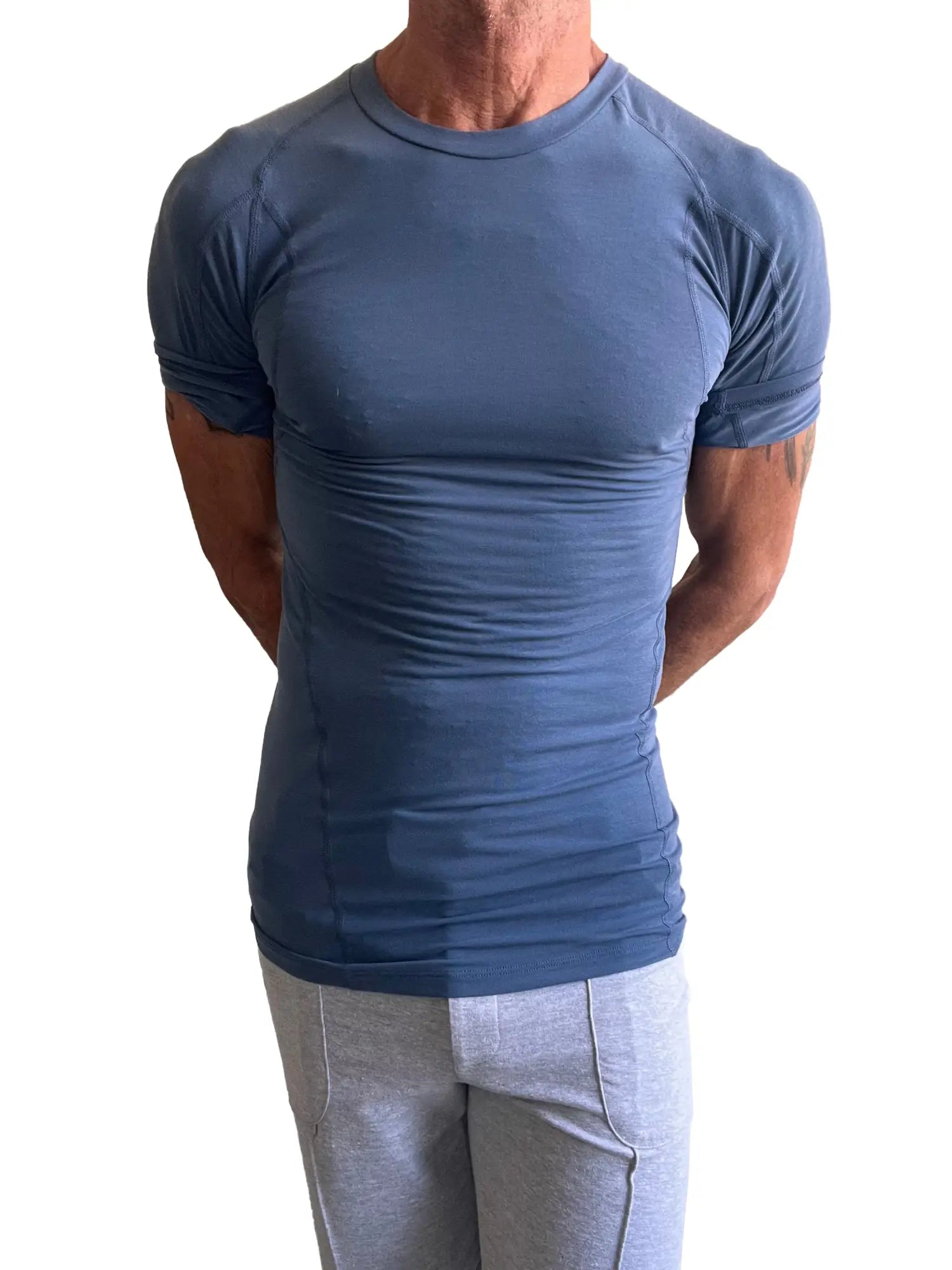 Designer raglan crew neck tee denim blue fitted short sleeved athletic shirt with raglan sleeves and seam detailing