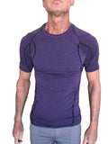 Designer raglan crew neck tee in eggplant purple with black seam detailing made of compression fabric for active wear