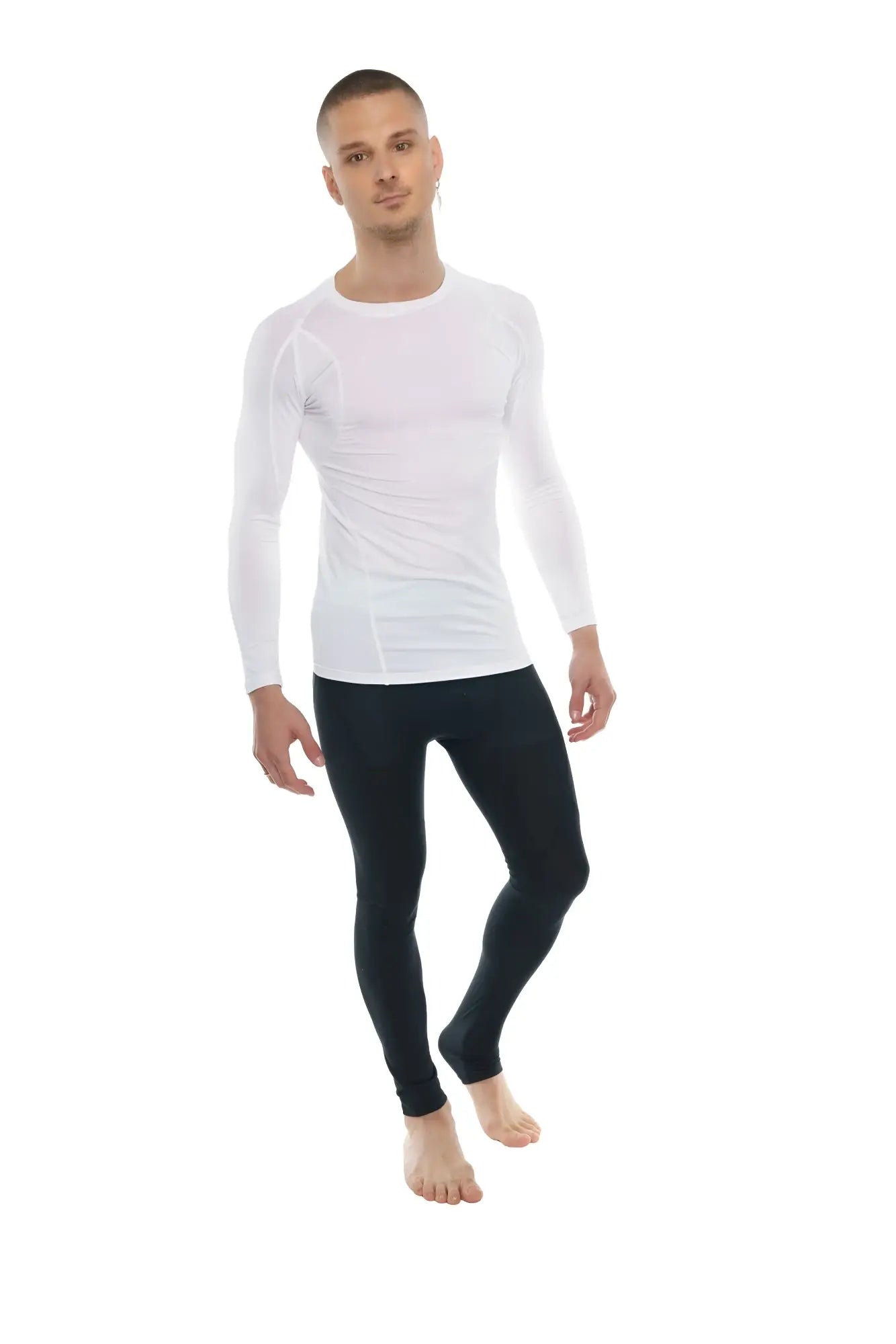 White long-sleeved designer raglan crew-neck compression shirt with subtle gray logo on left chest in arctic white