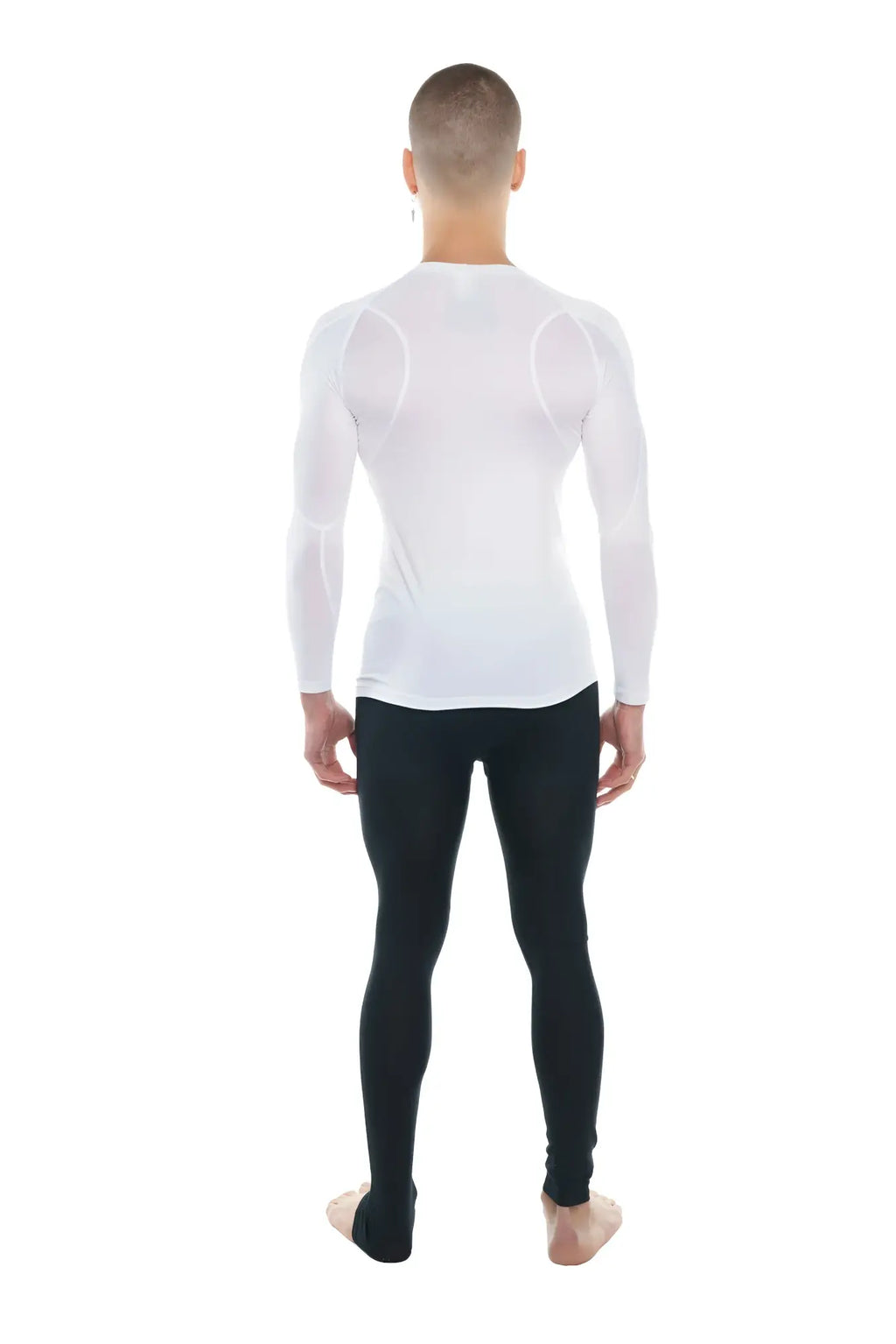 White long-sleeved designer raglan crew-neck tee with subtle textured shoulder panels in arctic white
