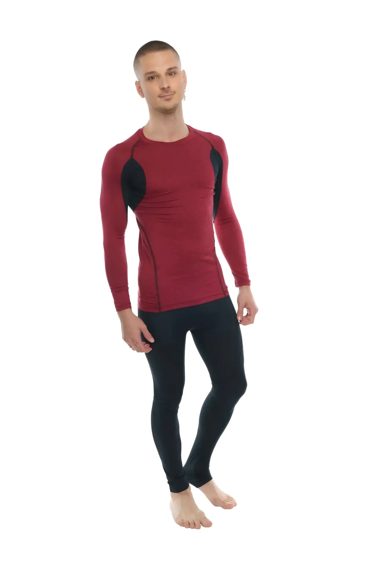 Red long-sleeved designer raglan crew-neck tee with black shoulder panels for athletic performance wear