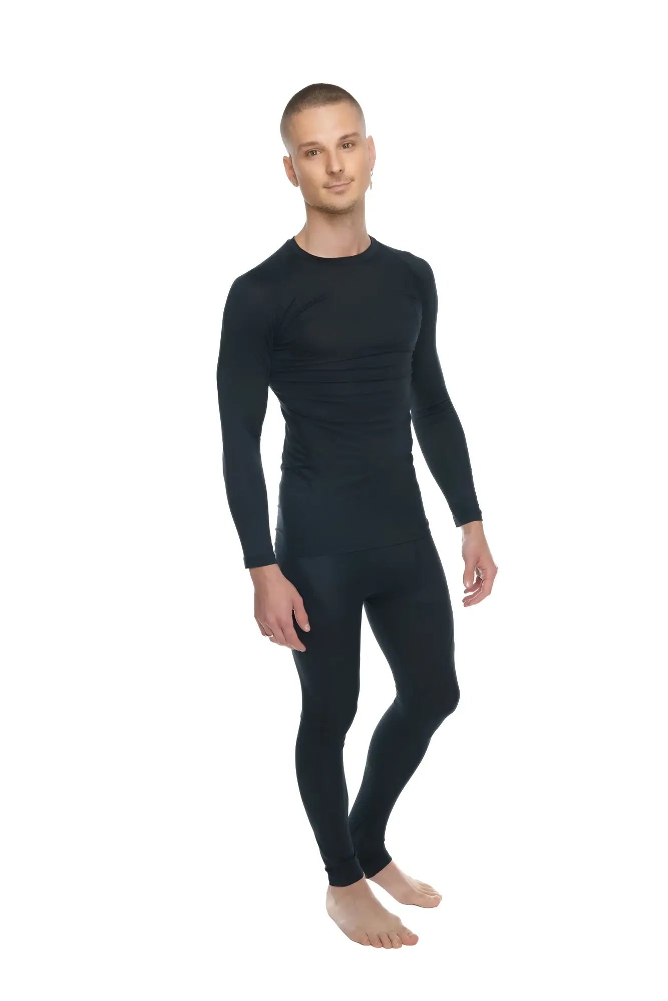 Black long-sleeved full-body compression suit made from carbon black fabric designed for athletic use