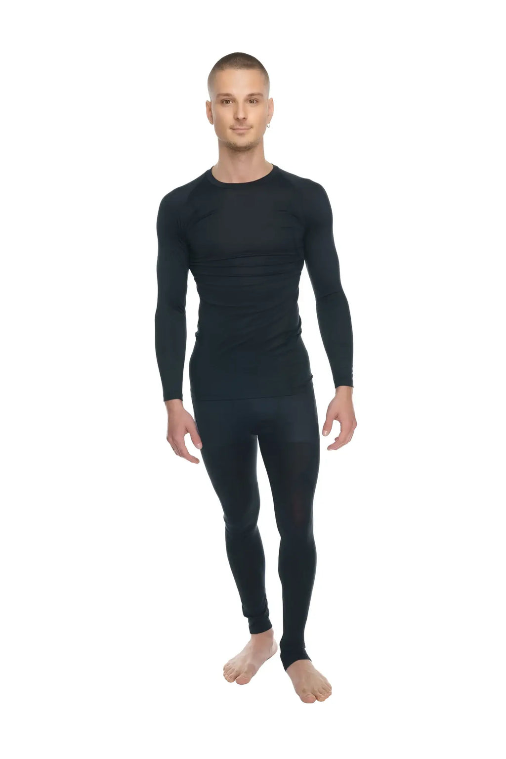 Black long-sleeved thermal underwear set featuring a designer raglan crew-neck tee in carbon black