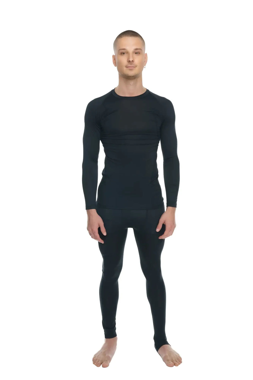 Black long-sleeved compression base layer set in carbon black with raglan crew-neck for activewear use